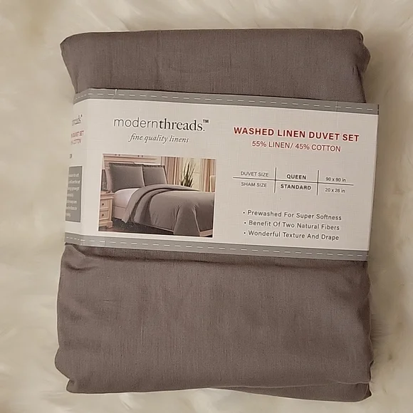 Modern Threads Platinum Natural Fiber washed linen duvet set Queen NEW 90x90…